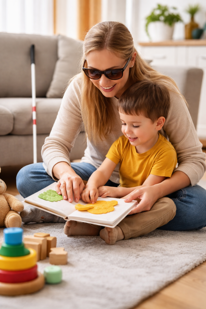 Mère malvoyante et son enfant en train de jouer