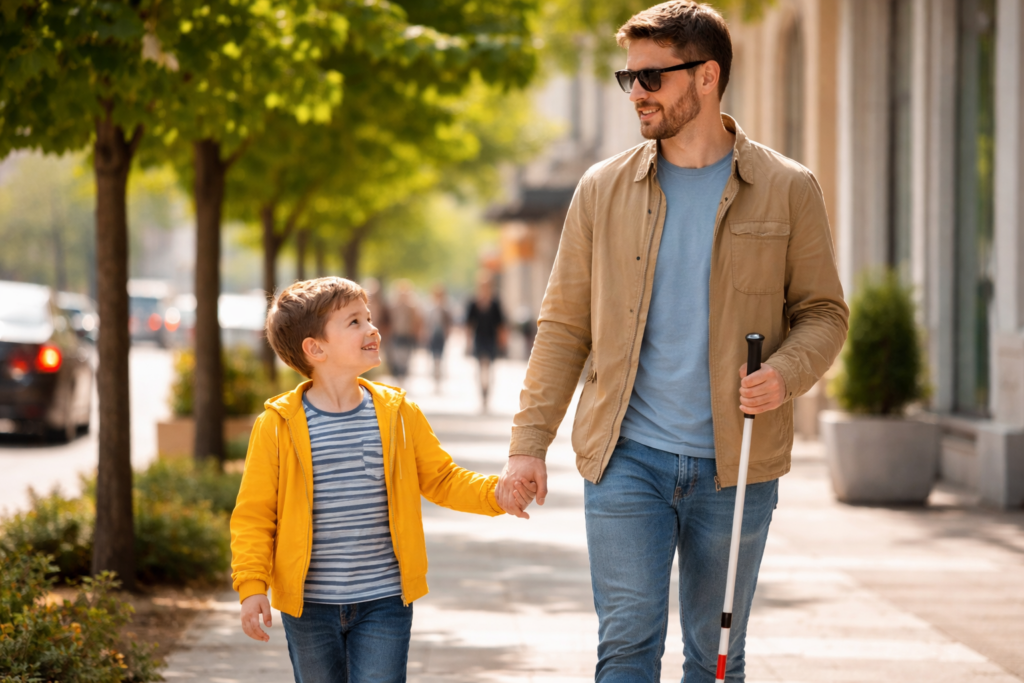 Père malvoyant et son fils qui marchent dans la rue
